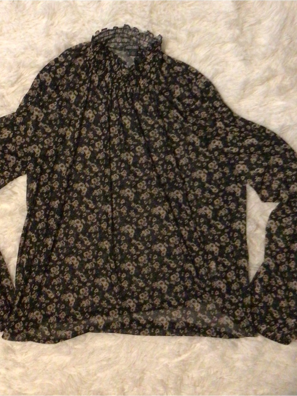 Floral High-Neck Sheer Blouse - Black and Cream